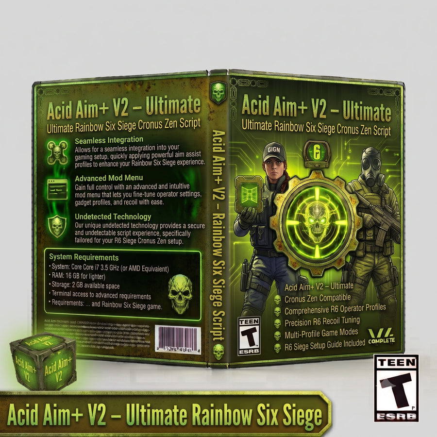 Acid Aim+ V2 product artwork for the Rainbow Six Siege Cronus Zen script, featuring ultimate controller gameplay tools in a downloadable GPC script for Cronus Zen players.