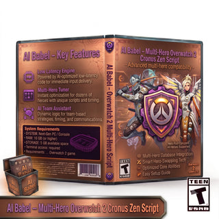 Digital product mockup of a video game case for 'AI Babel - Multi-Hero Overwatch 2 Cronus Zen Script' with a small retail box shown in front, on a white background with a dark brown banner at the bottom.