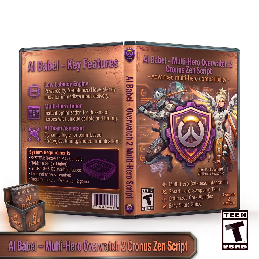 Digital product mockup of a video game case for 'AI Babel - Multi-Hero Overwatch 2 Cronus Zen Script' with a small retail box shown in front, on a white background with a dark brown banner at the bottom.