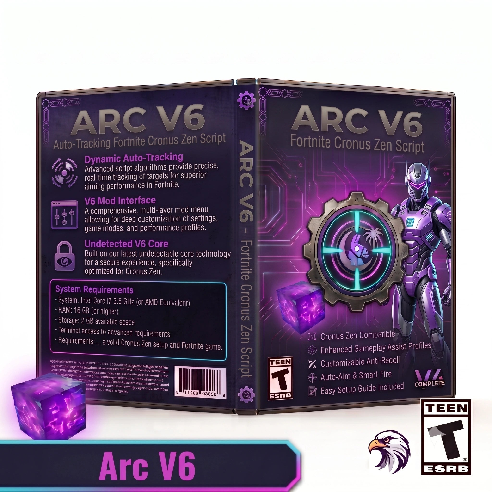 Arc V6 Fortnite Cronus Zen Script software box art shown from the front and back, with purple and black packaging, a character illustration, and an ESRB Teen rating logo on a white background.