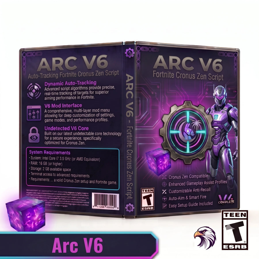 Arc V6 Fortnite Cronus Zen Script software box art shown from the front and back, with purple and black packaging, a character illustration, and an ESRB Teen rating logo on a white background.