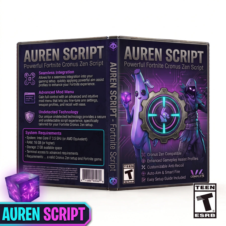 Auren product artwork for the Fortnite Cronus Zen script, featuring all-in-one controller gameplay tools in a downloadable GPC script for Cronus Zen players.