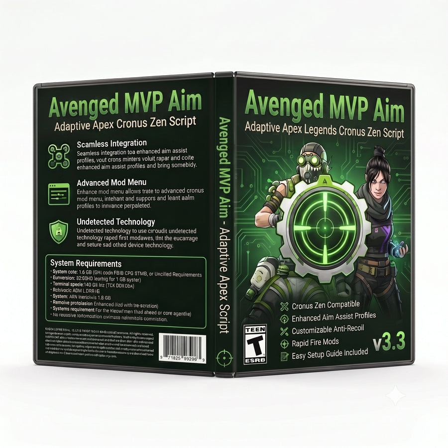 Avenged MVP Aim product artwork for the Apex Legends Cronus Zen script, featuring adaptive controller gameplay tools in a downloadable GPC script for Cronus Zen players.