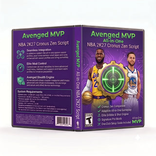 Avenged MVP NBA 2K27 Cronus Zen script artwork featuring shot timing, dribble, dunk and profile controls
