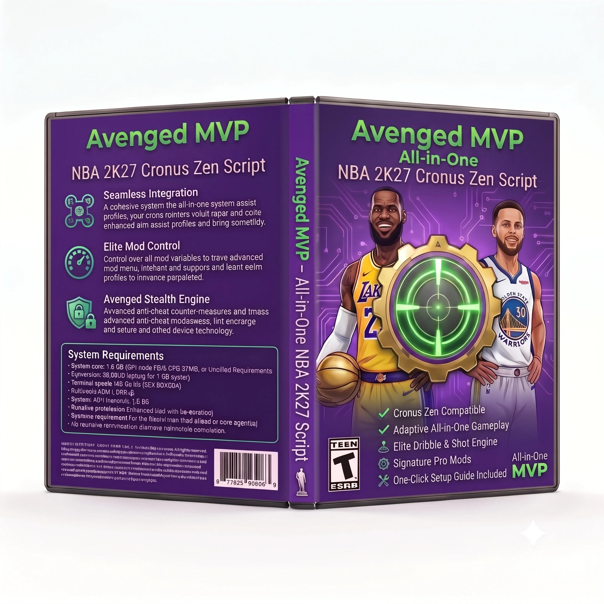 Avenged MVP NBA 2K27 Cronus Zen script artwork featuring shot timing, dribble, dunk and profile controls
