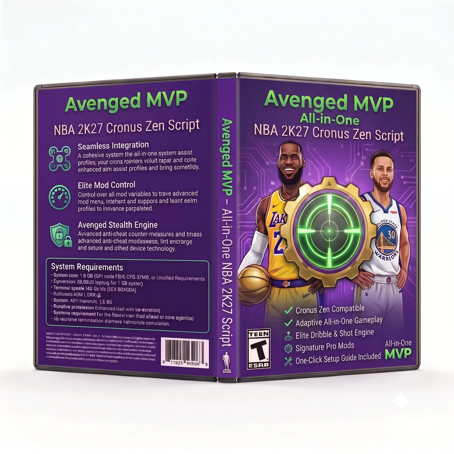 Avenged MVP NBA 2K27 Cronus Zen script artwork featuring shot timing, dribble, dunk and profile controls
