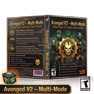 Avenged V2 product artwork for the Black Ops 2 Cronus Zen script, featuring multi-mode controller gameplay tools in a downloadable GPC script for Cronus Zen players.