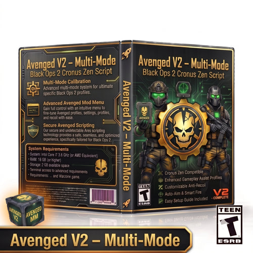 Avenged V2 product artwork for the Black Ops 2 Cronus Zen script, featuring multi-mode controller gameplay tools in a downloadable GPC script for Cronus Zen players.