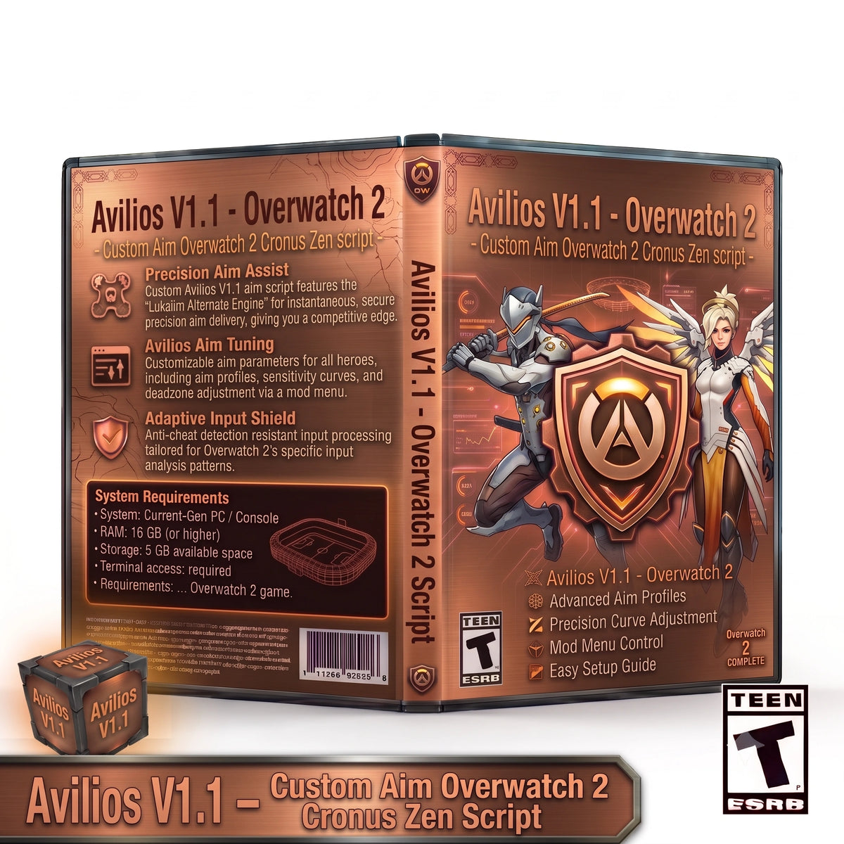 Digital product cover and packaging mockup for 'Avilos V1.1 - Overwatch 2' custom aim script, showing a 3D game case, a smaller box, and a separate instruction booklet on a white background with an ESRB rating logo.