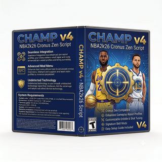 Champ V4 product artwork for the NBA 2K26 Cronus Zen script, featuring advanced controller gameplay tools in a downloadable GPC script for Cronus Zen players.