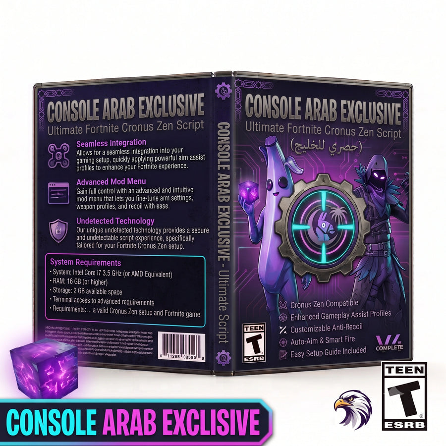 Console Arab Exclusive product artwork for the Fortnite Cronus Zen script, featuring ultimate controller gameplay tools in a downloadable GPC script for Cronus Zen players.