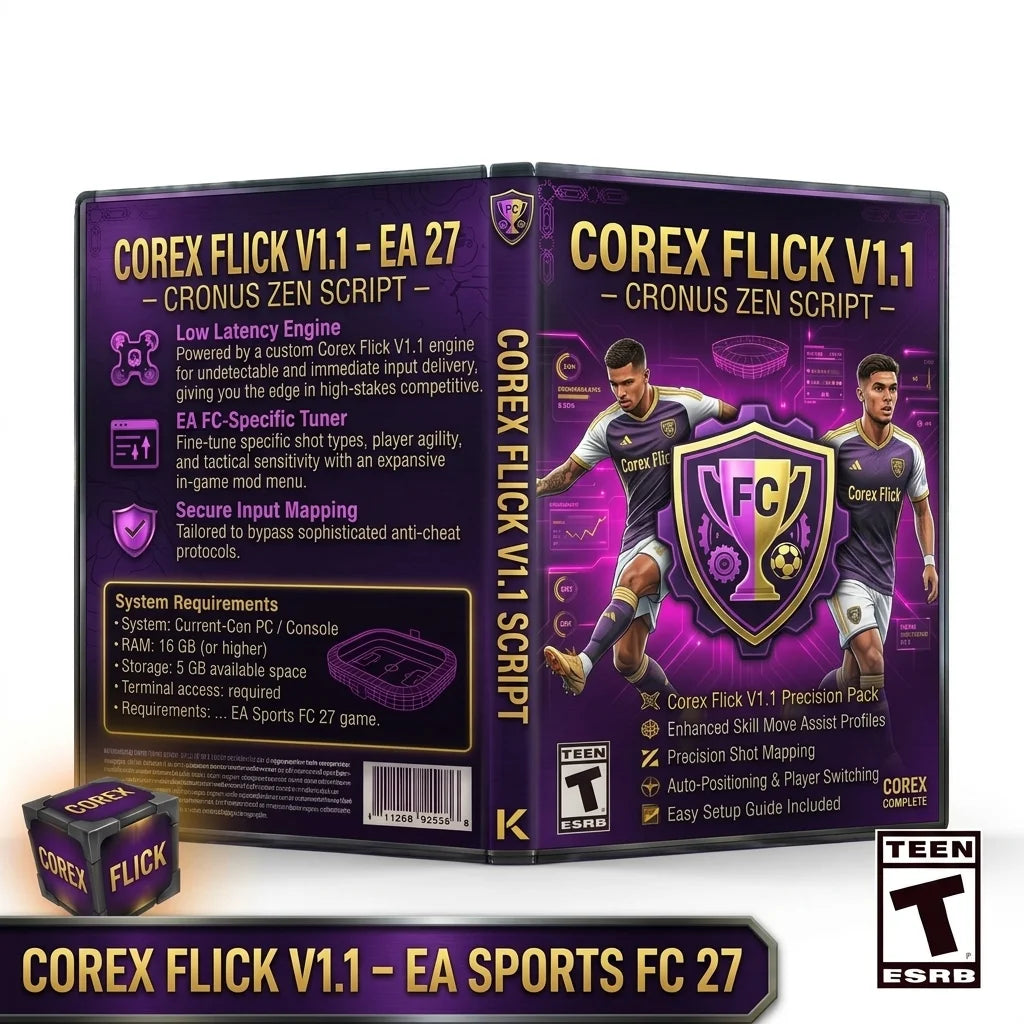 Corex Flick V1.1 EA Sports FC 27 Cronus Zen Script product artwork featuring customizable controller gameplay mods.