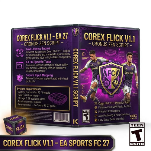 Corex Flick V1.1 EA Sports FC 27 Cronus Zen Script product artwork featuring customizable controller gameplay mods.