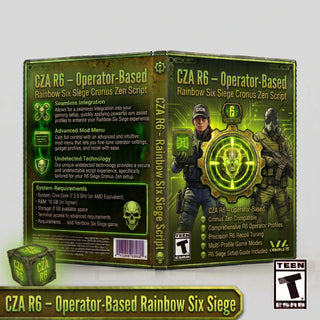 CZA R6 product artwork for the Rainbow Six Siege Cronus Zen script, featuring operator-based controller gameplay tools in a downloadable GPC script for Cronus Zen players.
