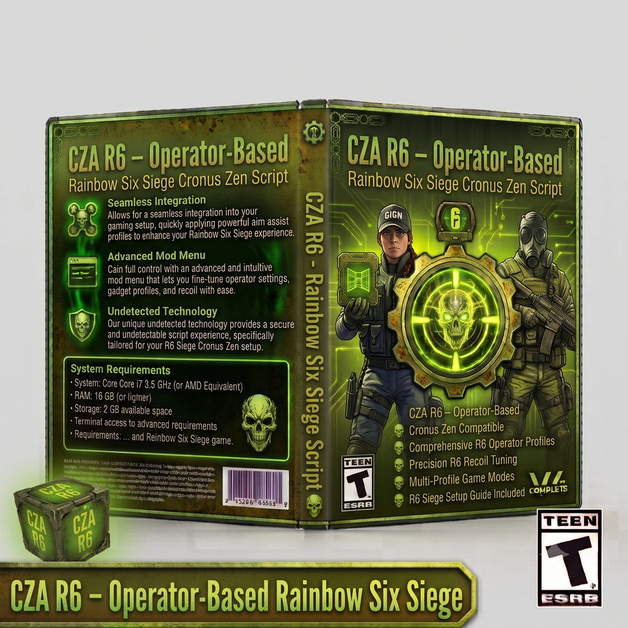 CZA R6 product artwork for the Rainbow Six Siege Cronus Zen script, featuring operator-based controller gameplay tools in a downloadable GPC script for Cronus Zen players.