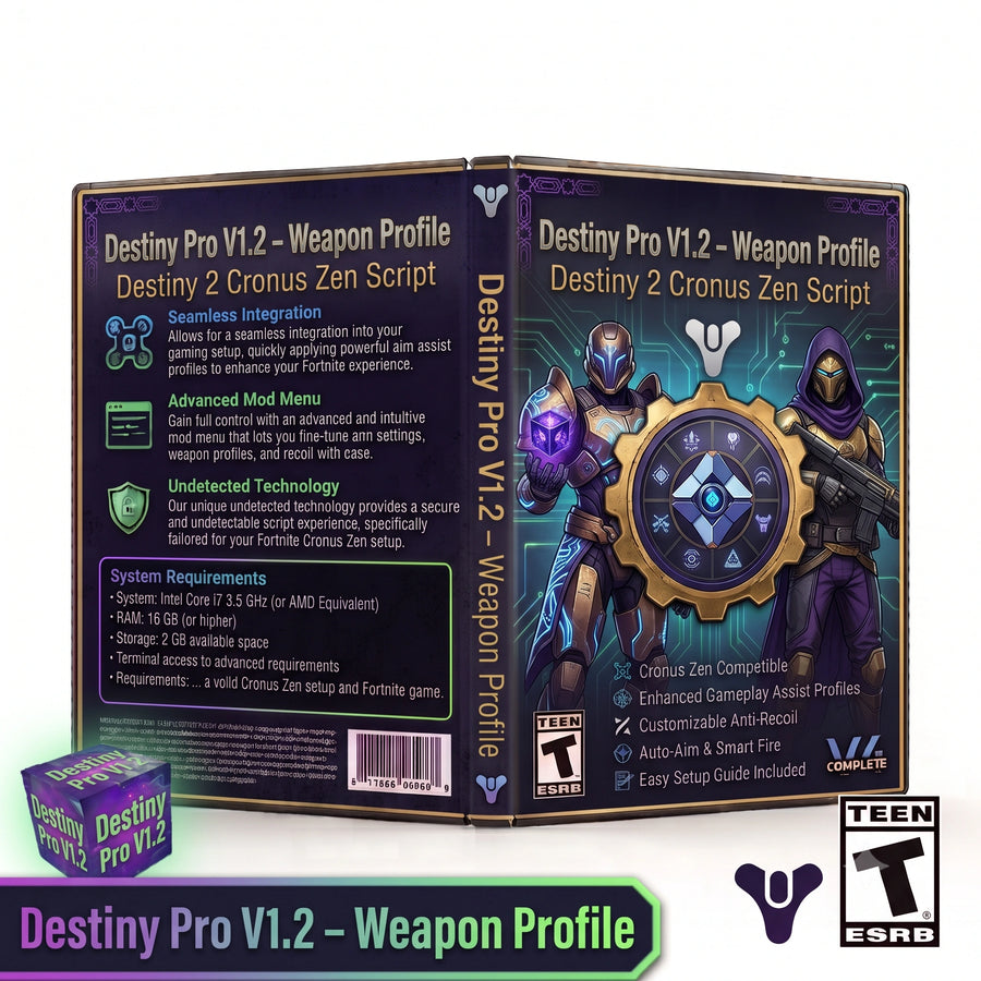 Destiny Pro V1.2 product artwork for the Destiny 2 Cronus Zen script, featuring weapon profile controller gameplay tools in a downloadable GPC script for Cronus Zen players.