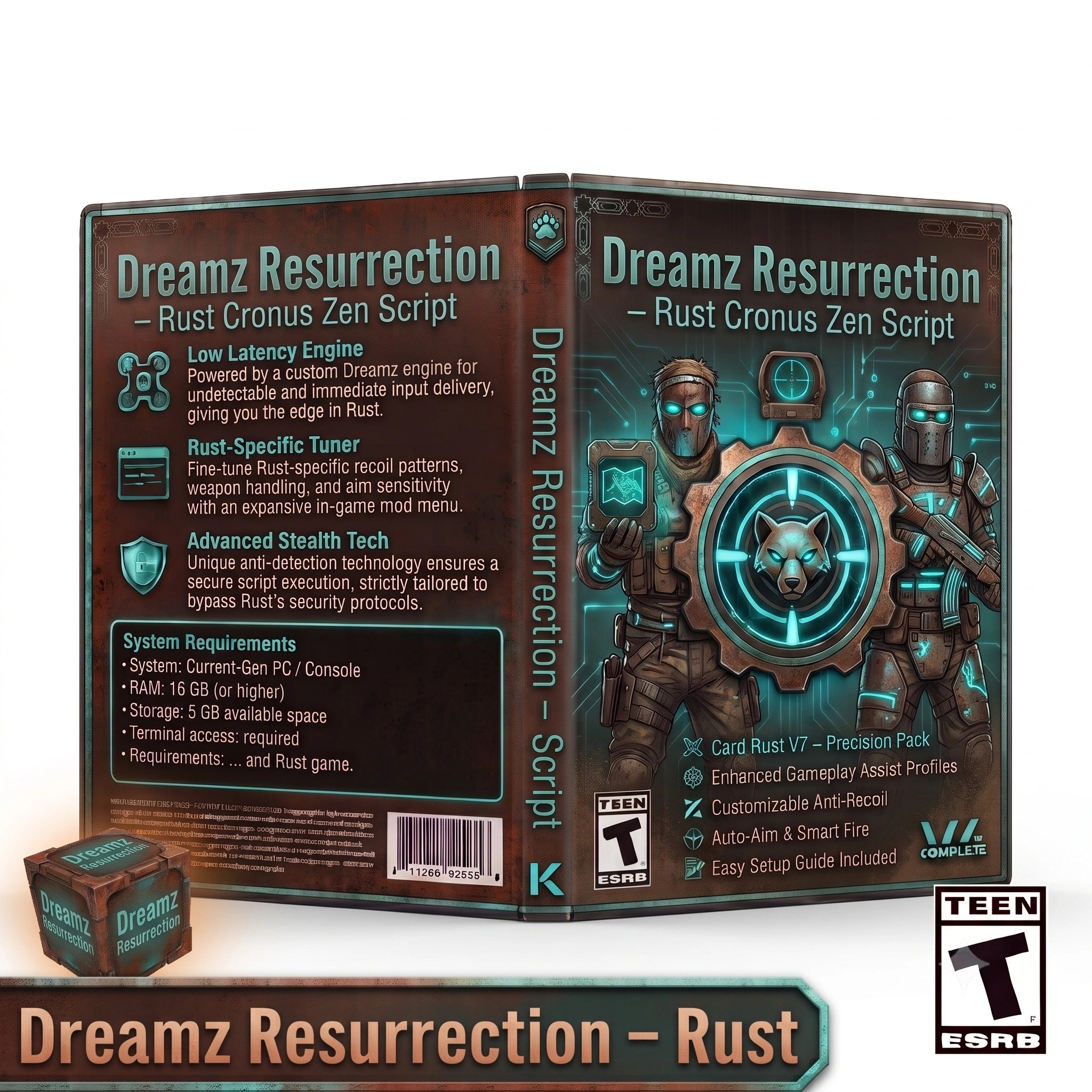 Digital game case mockup for Dreamz Resurrection - Rust Cronus Zen Script, showing front and back cover art with armored characters, a T-PEEL logo, and an ESRB rating badge on a white background.