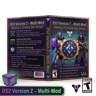 Digital product box art for 'DS2 Version Z - Multi-Mod' (Destiny 2 Cronus Zen Script) featuring a dark purple and teal design with character illustrations, compatibility details, and ESRB ratings.