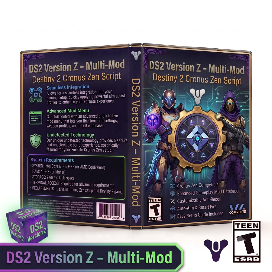 Digital product box art for 'DS2 Version Z - Multi-Mod' (Destiny 2 Cronus Zen Script) featuring a dark purple and teal design with character illustrations, compatibility details, and ESRB ratings.