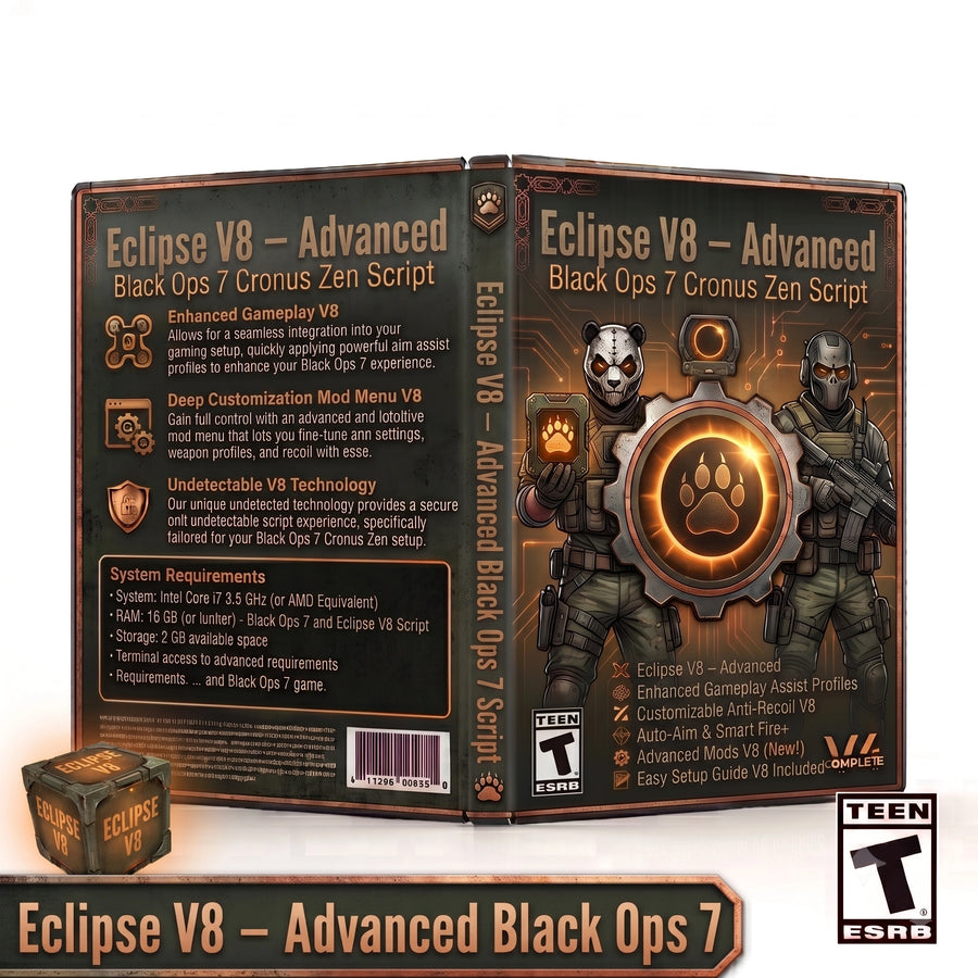 Eclipse V8 - Advanced Black Ops 7 Cronus Zen Script software box art shown from the front, back, and spine, alongside a small matching cube on a white background with an ESRB rating logo.