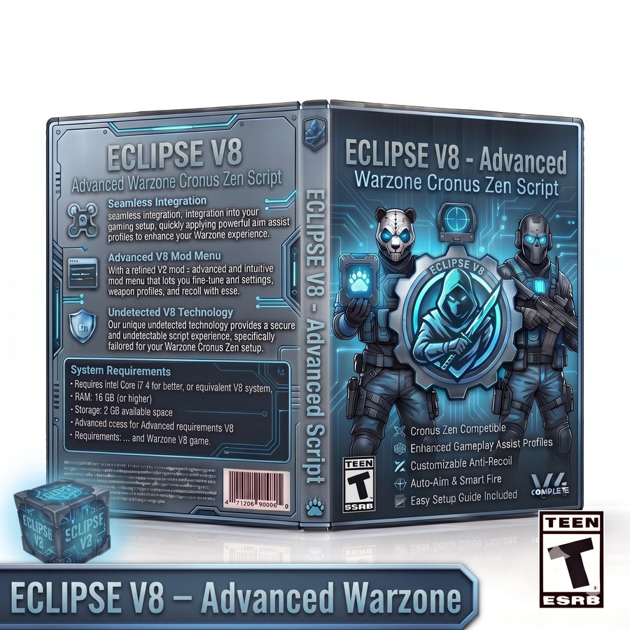 Digital product box art for Shadow V2: Weapon-Based Warzone Cronus Zen Script, showing front and back packaging with a stylized armored character, feature callouts, and an ESRB Teen rating logo on a white background.