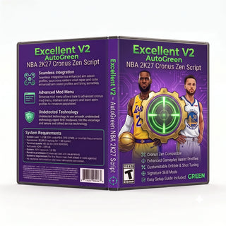 Excellent V2 NBA 2K27 Cronus Zen Script product artwork featuring AutoGreen and configurable shot-type timing