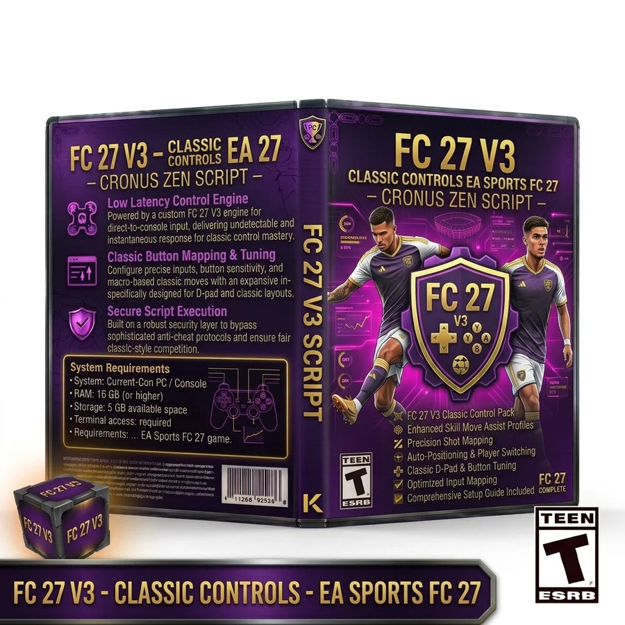 FC 27 V3 Classic Controls EA Sports FC 27 Cronus Zen Script product artwork featuring shooting, skill moves and controller gameplay mods.