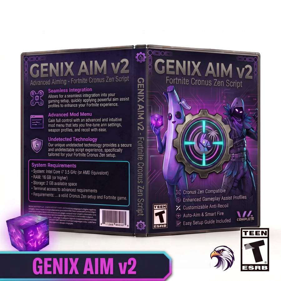 Genix Aim V2 product artwork for the Fortnite Cronus Zen script, featuring all-in-one controller gameplay tools in a downloadable GPC script for Cronus Zen players.