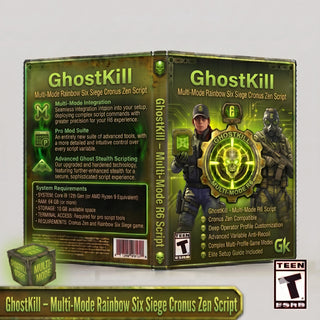 Front and back packaging artwork for GhostKill, a multi-mode Rainbow Six Siege Cronus Zen Script software, shown on a light gray background. The box art features green and black tones with soldier illustrations and a large ESRB rating badge.