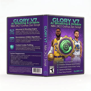 Glory V7 product artwork for the NBA 2K27 Cronus Zen script, featuring AI shooting & dribble controller gameplay tools in a downloadable GPC script for Cronus Zen players.