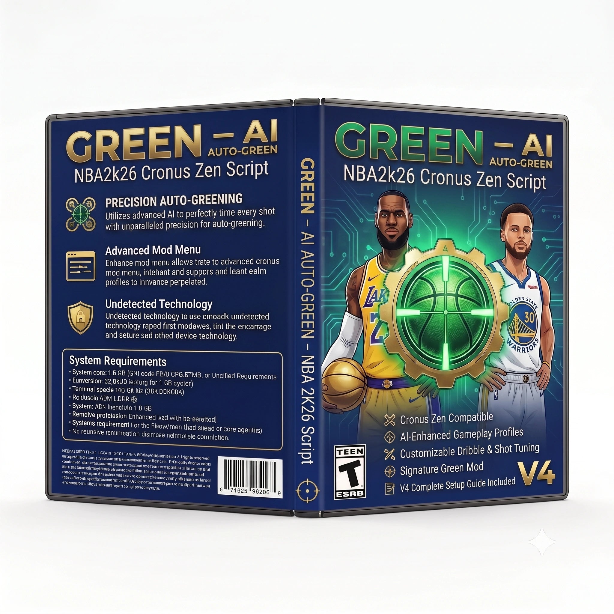 A software product box mockup for 'Green AI Auto-Green NBA2K26 Cronus Zen Script V4' shown from the front and back against a white background.