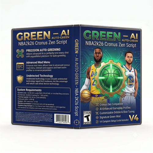 Green product artwork for the NBA 2K26 Cronus Zen script, featuring AI auto-green controller gameplay tools in a downloadable GPC script for Cronus Zen players.