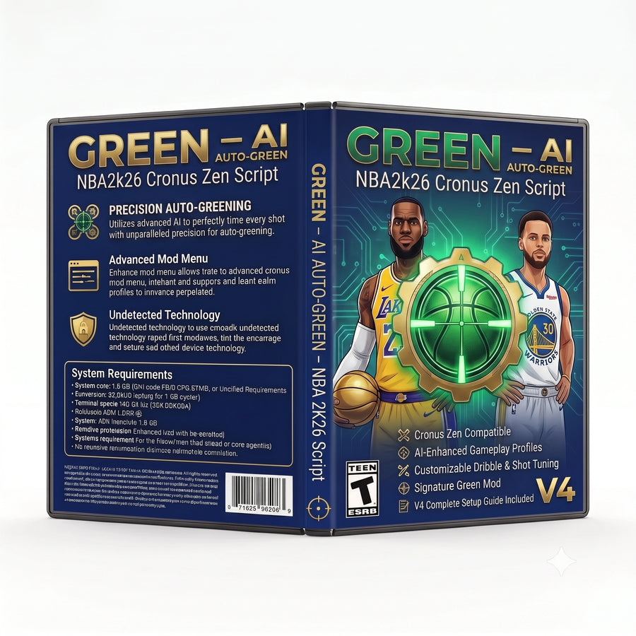 Green product artwork for the NBA 2K26 Cronus Zen script, featuring AI auto-green controller gameplay tools in a downloadable GPC script for Cronus Zen players.