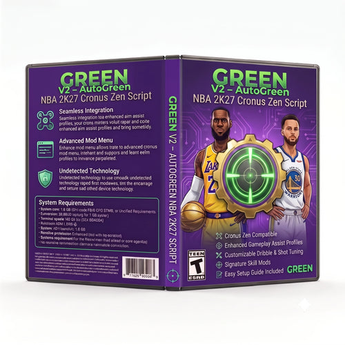 A software product box set for 'GREEN NBA 2K27 Cronus Zen Script' shown from the front and back against a white background. The packaging features a purple design with green text and graphics of basketball players LeBron James and Stephen Curry.