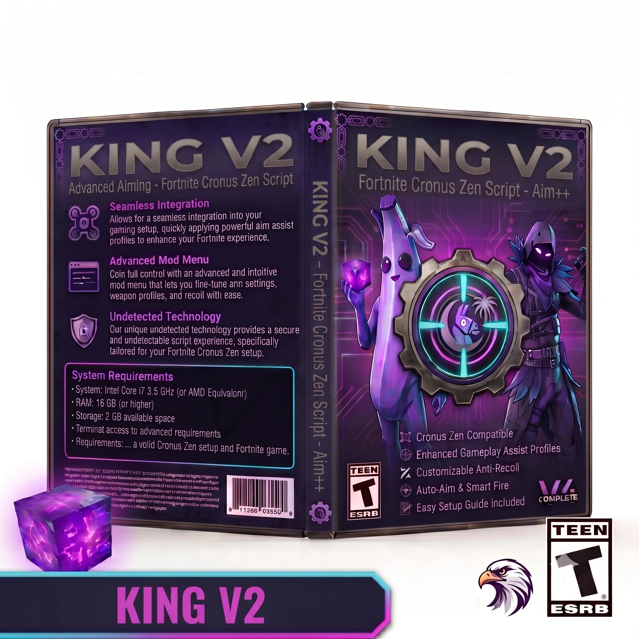 King V2 Fortnite Cronus Zen Script software box art shown from the front and back, with purple packaging, a T-ESG rating badge, and a purple crystal accessory on a white background.