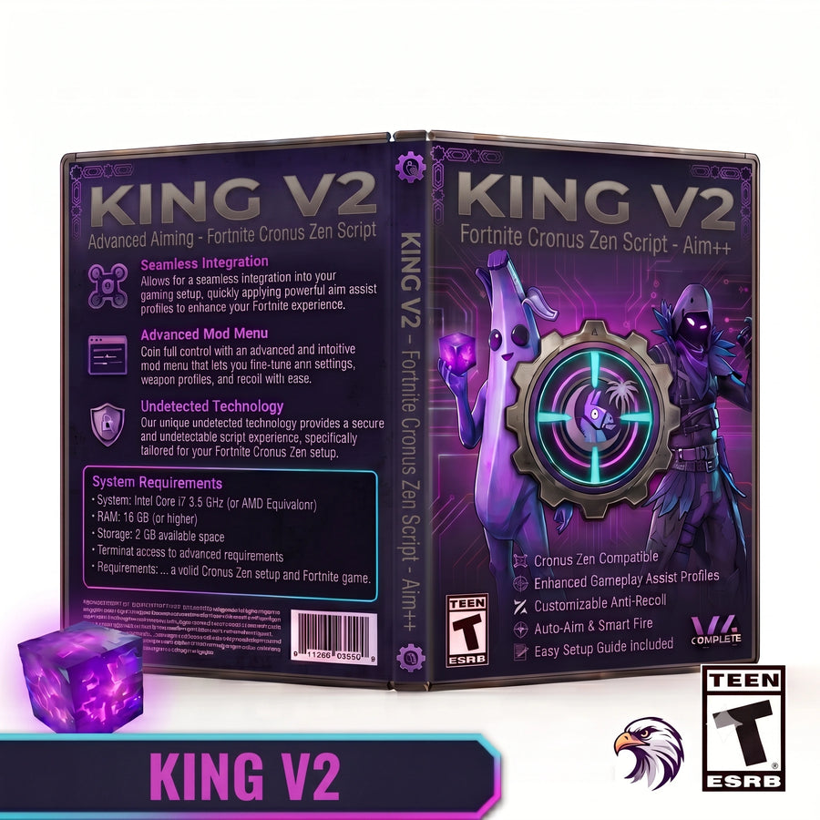 King V2 Fortnite Cronus Zen Script software box art shown from the front and back, with purple packaging, a T-ESG rating badge, and a purple crystal accessory on a white background.