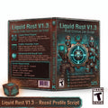 Digital product box art for Liquid Rust V1.3 Recoil Profile Script, showing front and back packaging with game-related text, a T-PEER rating logo, and a small matching cube prop on a dark background.