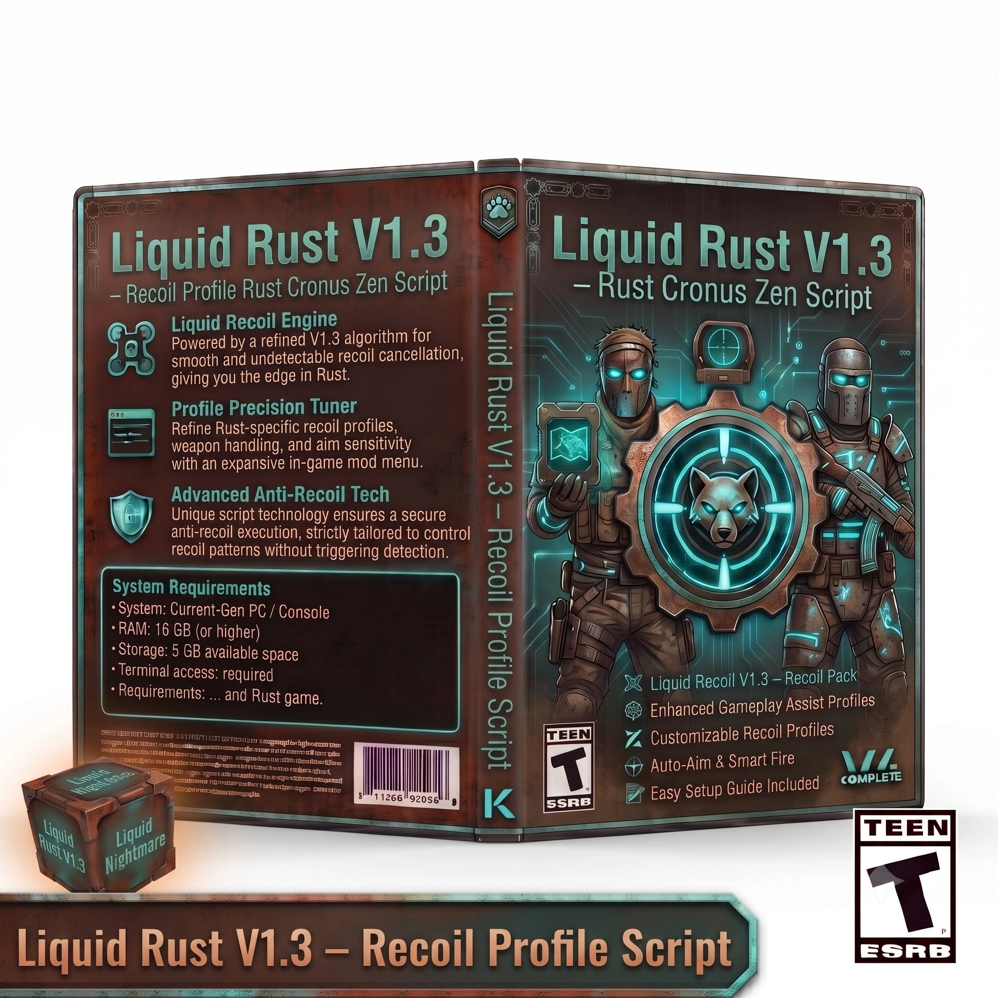 Digital product box art for Liquid Rust V1.3 Recoil Profile Script, showing front and back packaging with game-related text, a T-PEER rating logo, and a small matching cube prop on a dark background.
