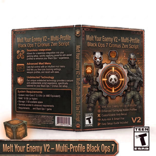 Melt Your Enemy V2 product artwork for the Black Ops 7 Cronus Zen script, featuring multi-profile controller gameplay tools in a downloadable GPC script for Cronus Zen players.