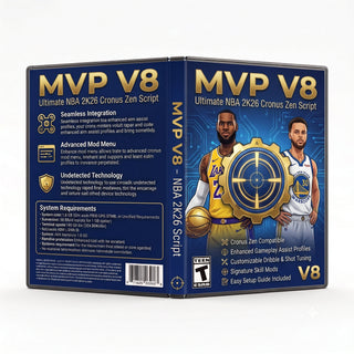 MVP V8 product artwork for the NBA 2K26 Cronus Zen script, featuring ultimate controller gameplay tools in a downloadable GPC script for Cronus Zen players.