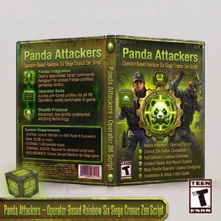 Front and back cover of the Panda Attackers Operator-Based Rainbow Six Siege Cronus Zen Script software box, shown on a light gray background with a small matching box in front and a TGS 2023 logo in the lower right corner.