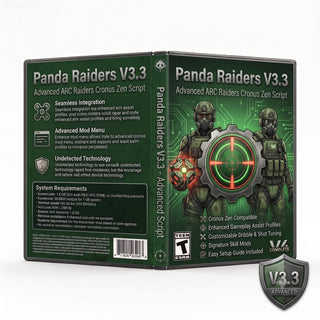 Panda Raiders V3.3 product artwork for the ARC Raiders Cronus Zen script, featuring advanced controller gameplay tools in a downloadable GPC script for Cronus Zen players.
