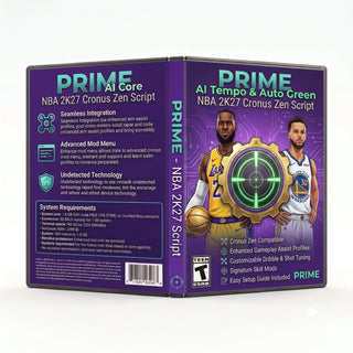 Prime product artwork for the NBA 2K27 Cronus Zen script, featuring AI tempo & auto green controller gameplay tools in a downloadable GPC script for Cronus Zen players.