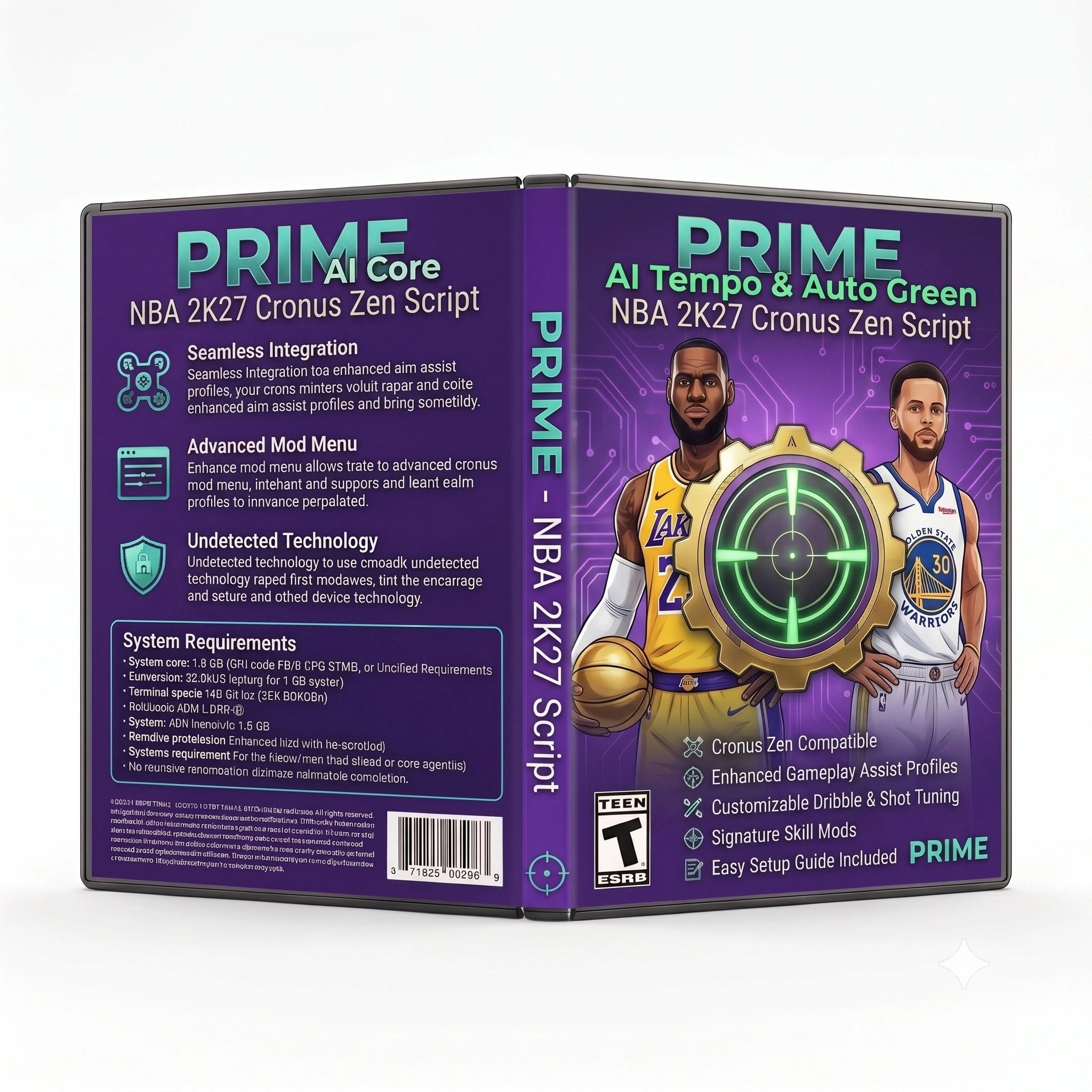 Prime product artwork for the NBA 2K27 Cronus Zen script, featuring AI tempo & auto green controller gameplay tools in a downloadable GPC script for Cronus Zen players.