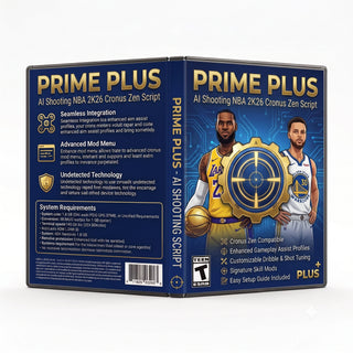 Prime Plus product artwork for the NBA 2K26 Cronus Zen script, featuring AI shooting controller gameplay tools in a downloadable GPC script for Cronus Zen players.
