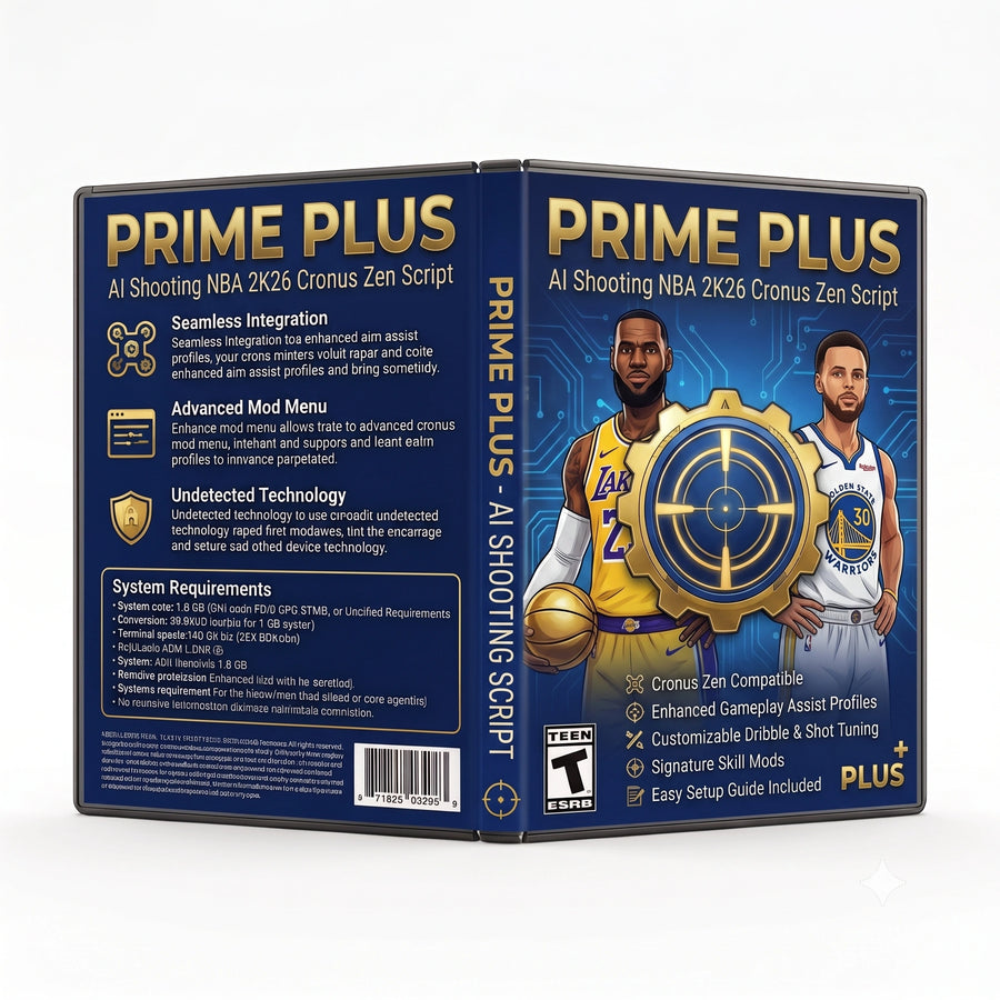 Prime Plus product artwork for the NBA 2K26 Cronus Zen script, featuring AI shooting controller gameplay tools in a downloadable GPC script for Cronus Zen players.
