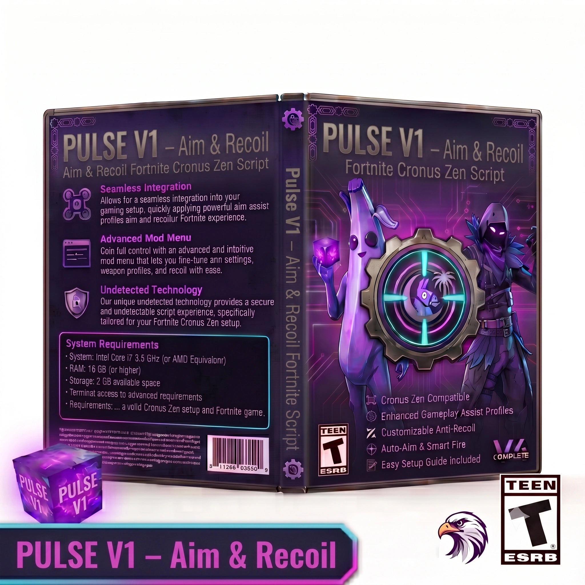 Pulse V1 Fortnite Cronus Zen script product artwork featuring aim assist and anti-recoil controller settings