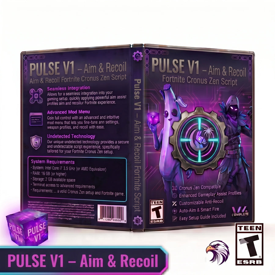 Pulse V1 Fortnite Cronus Zen script product artwork featuring aim assist and anti-recoil controller settings