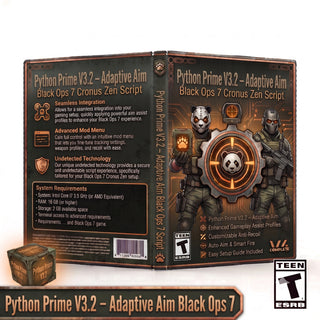 Python Prime V3.2 product artwork for the Black Ops 7 Cronus Zen script, featuring adaptive aim controller gameplay tools in a downloadable GPC script for Cronus Zen players.