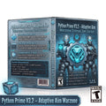 Digital product box art for 'Python Prime V3.2 - Adaptive Aim Warzone Cronus Zen Script' shown from the front and back, featuring futuristic soldier graphics, a Teen rating logo, and a small standalone script box on a white background.